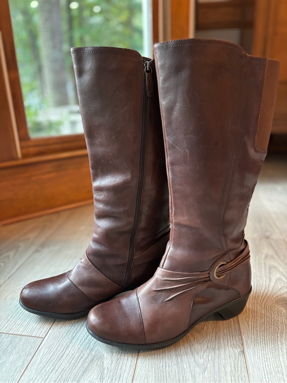 Clarks Brown Leather Tall Riding Boots Knee High Zip Accent Women Size 12 M